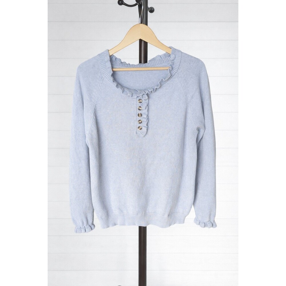 NWT Ruffled Button Henley Style Pullover Sweater Light Blue M